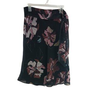 H&M Skirt Black Pink Floral Belted Midi Flowy Womens Size 10